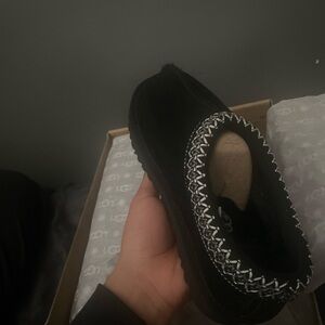 UGG Black and White Cozy Slippers with Fuzzy Trim